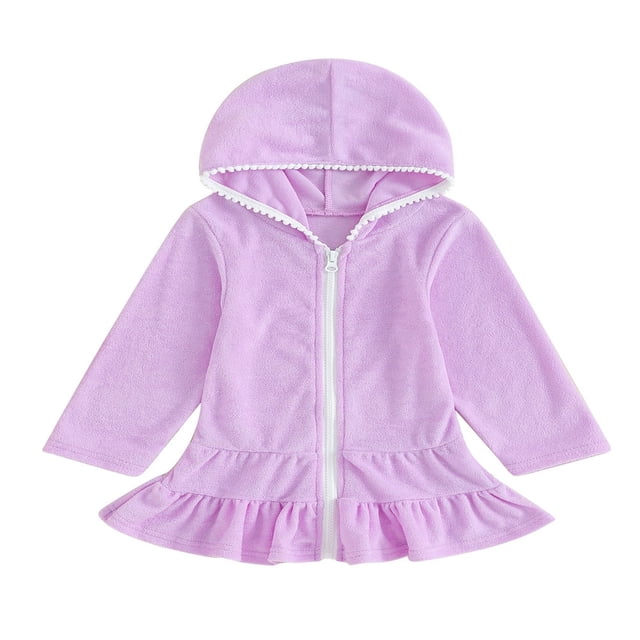Robe à Capuchon pour Fille, Couleur Unie, à Volants, à Fermeture Éclair, Manches Longues, Robe de Plage