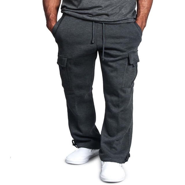 Men Fleece Sweatpants Cargo Trousers Drawstring Athletic Gym Workout Running Pants with Pocket Black XL