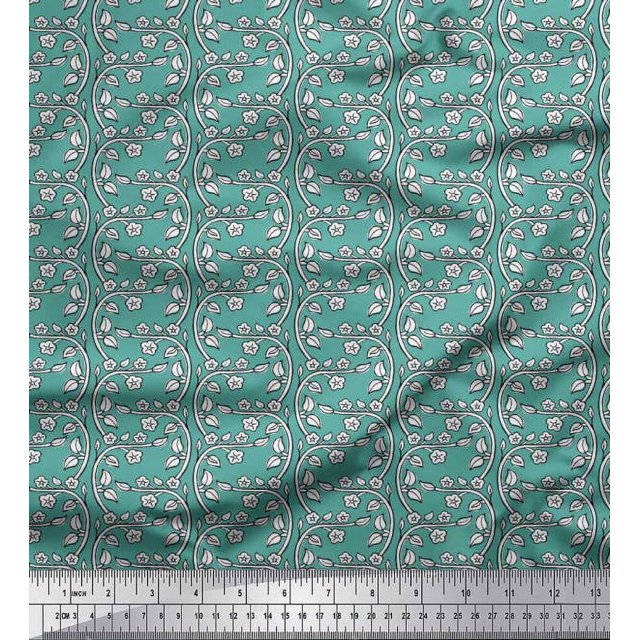 Soimoi Moss Georgette Fabric Leaves & Floral Block Print Fabric by Yard 42 Inch Wide