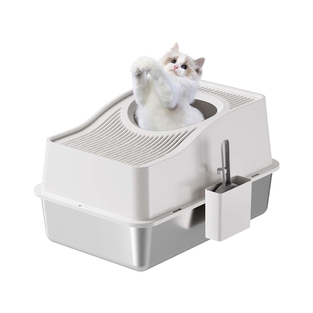 AKDSteel Stainless Steel Litter Box with Lid, Enclosed Litter Box with Cat Litter Mat and Scoop, Extra Large High Sided Cat Litter Trays Easy Clean Detachable