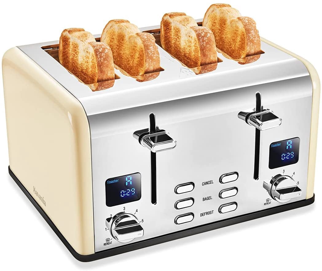 Savania 4-Slice Bread Toaster, Stainless Steel with Dual LCD Display, Wide Slots, Bagel/Defrost/Cancel Functions