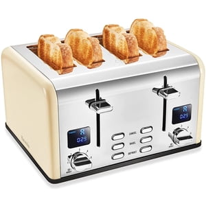 Savania 4-Slice Grille pain, acier inoxydable avec double LCD Affichage, grandes fentes, bagel/défrost/annulation des fonctions
