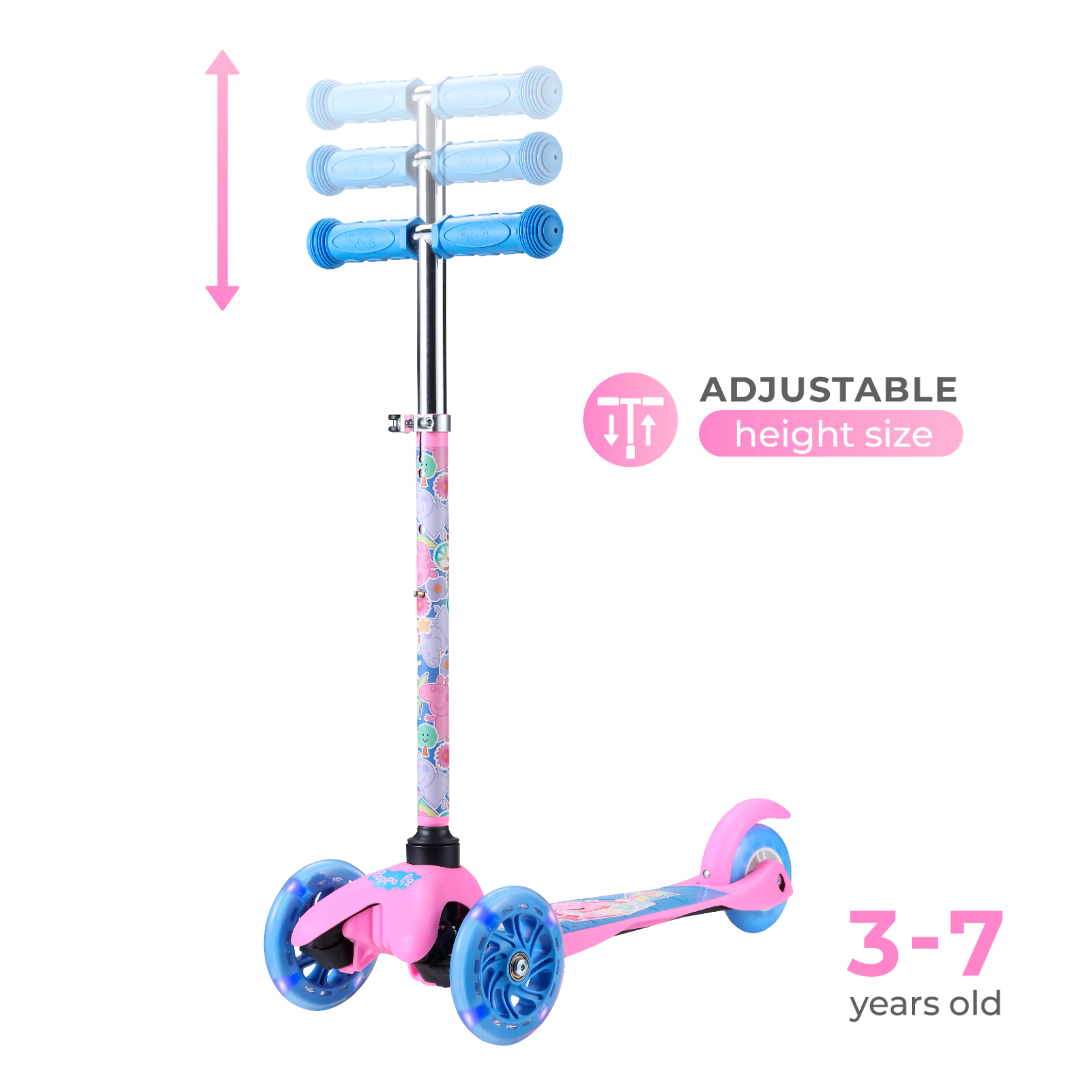 Peppa Pig 3-Wheel Light-Up Scooter for Kids w/ Adjustable Handlebar