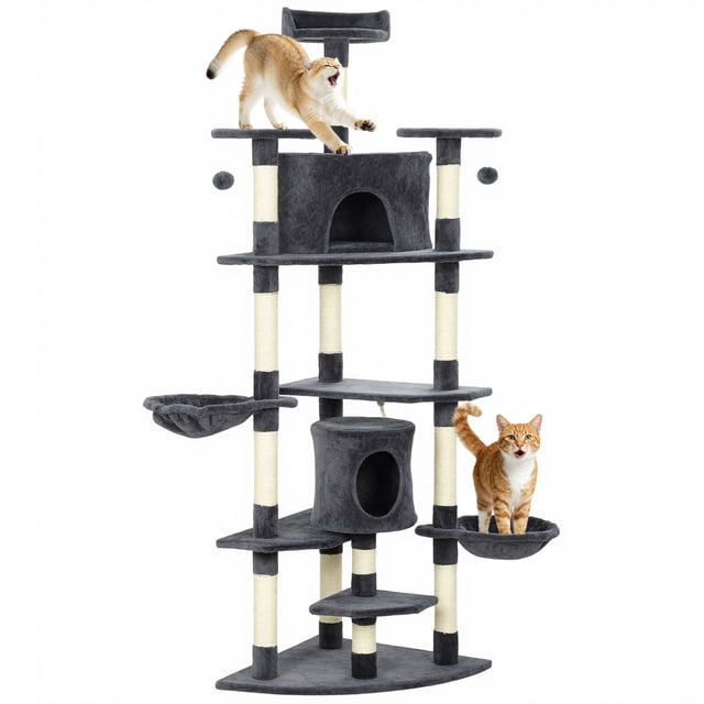PawHut 79" Large Cat Tree Tower w/ Scratching Posts, Hammock, Dark Grey