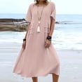 thumbnail image 2 of yoeyez Robes en Coton et Lin pour Femmes pour l'Été, Robes Unies à Col Rond pour Dames, Coupe Ample, Manches Courtes, Robe Midi de Plage Décontractée Évasée Rose, m, 2 of 7