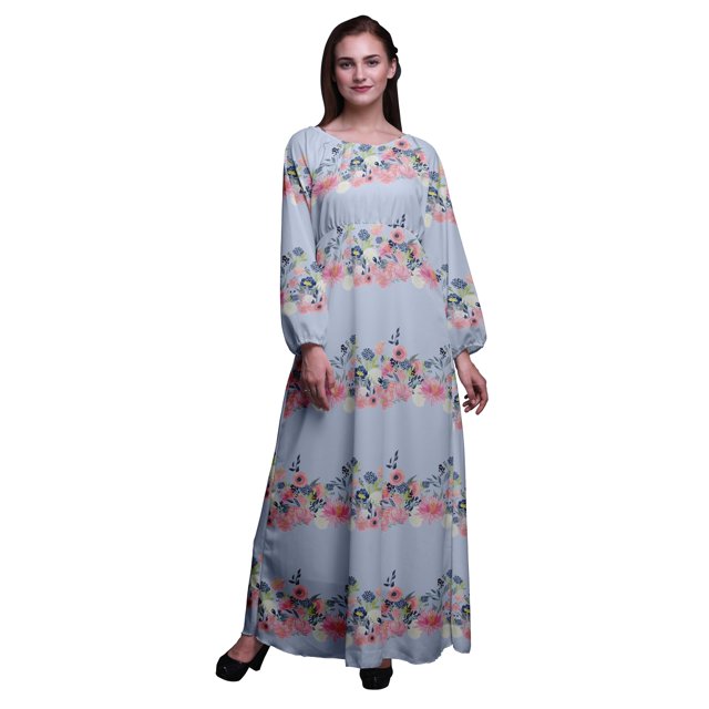 Bimba Robe Maxi à Manches Longues pour Femmes en Georgette Mousse avec Renoncules et Chrysanthèmes Imprimés Floraux, Taille Élastique - XX-Grand