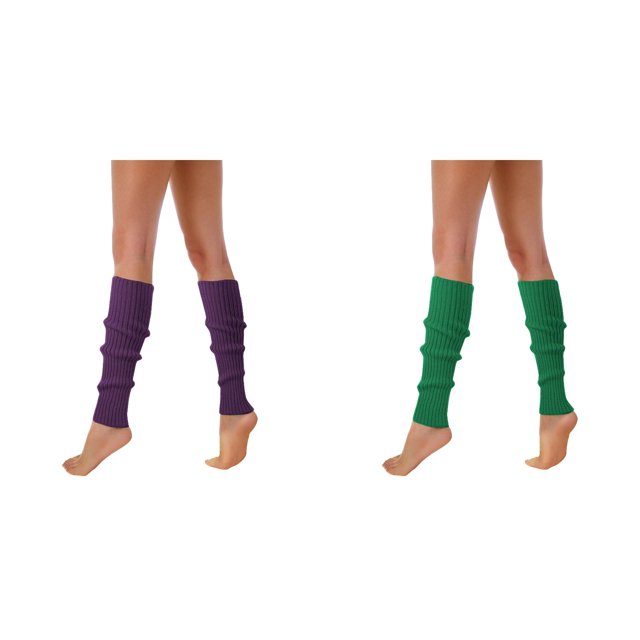 Lot de 2 (Bleu Foncé et Vert) Bas de compression Cuisse pour Femmes, Présentant un design Rétro des Années 80 et 90 avec une texture en Tricot Côtelé. Ces Jambières Fluorescentes Colorées en Laine Sont Montrées sur les Jambes Nues, Mettant en Valeur Leur Ajustement Serré et des Couleurs Vibrantes. Idéal pour les costumes d'Halloween, les Fêtes à Thème Années 80, les Activités de Mise en Forme et Plus.