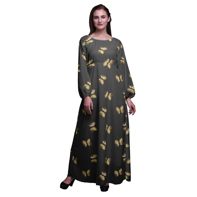 Bimba Robe Maxi à Manches Longues pour Femmes en Georgette Mousse avec Papillons et Papillons Imprimés, Taille Élastique - Très Petit