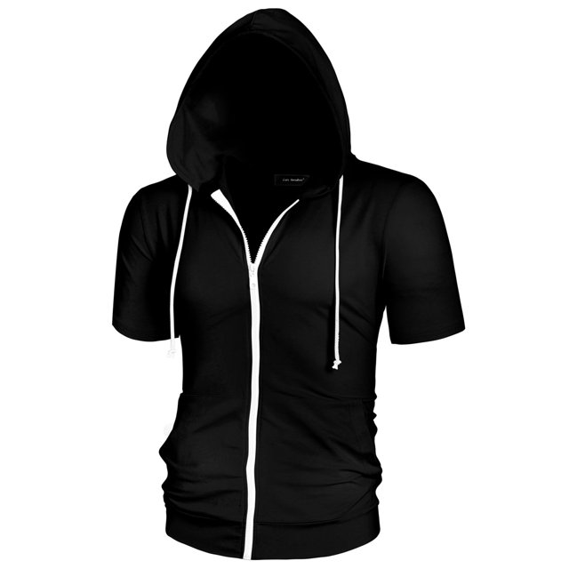 INSPIRE CHIC Chandails à Capuchon à Manches Courtes pour Hommes, Couleur Unie, Vestes à Fermeture Éclair avec Capuchon, S Noir