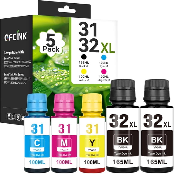 32 XL Black Ink Bottle 31 Ink Bottle Set Compatible with HP SmartTank 6001 7602 5101 7301 5000 5103 7001 Ink Refill for Smart Tank Plus 651 551 Printer (5 Pack, 165 ML 32XL Black Ink 100ML 31 CMY)