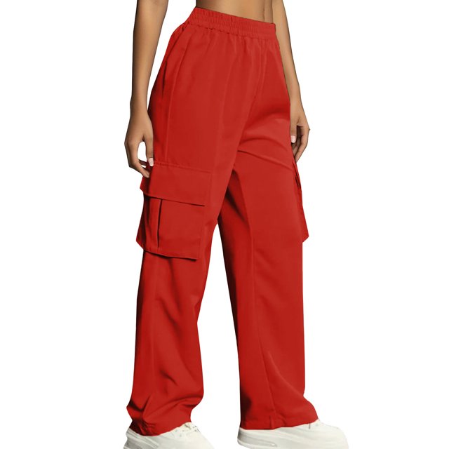 Timegard Cargo Pants for Women Elastic High Waist Solid Color Straight Leg Outdoor Pants with Pockets