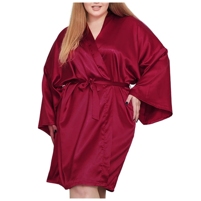 Women Plus Size Satin Robes Polyester Kimono Style Sleepwear Short Sleeved Comfortable Loungewear