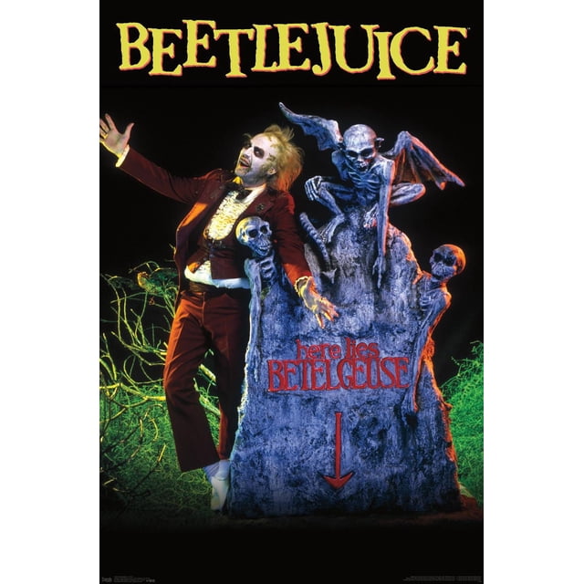 Beetlejuice - Grave Wall Poster, 22.375" x 34" framed poster featuring a dark background with a large gray tombstone inscribed in red with 'here lies BEETLEJUICE' and a red arrow pointing down. Three skeletal figures, including one with wings, surround the tombstone. A figure in a burgundy suit with a ruffled white shirt leans on the tombstone. Green twisted branches frame the base, creating a spooky atmosphere ideal for home décor or themed party decoration.