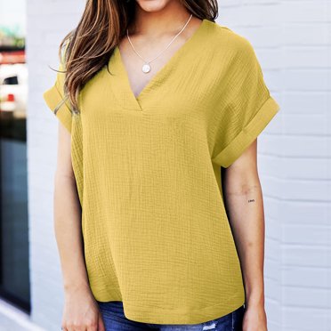 Hauts d'Été Grande Taille pour Femmes Mode Décontractée Col en V Manches Courtes T-shirt Ample Blouse Pull Col en V T-shirt Femmes en Solde