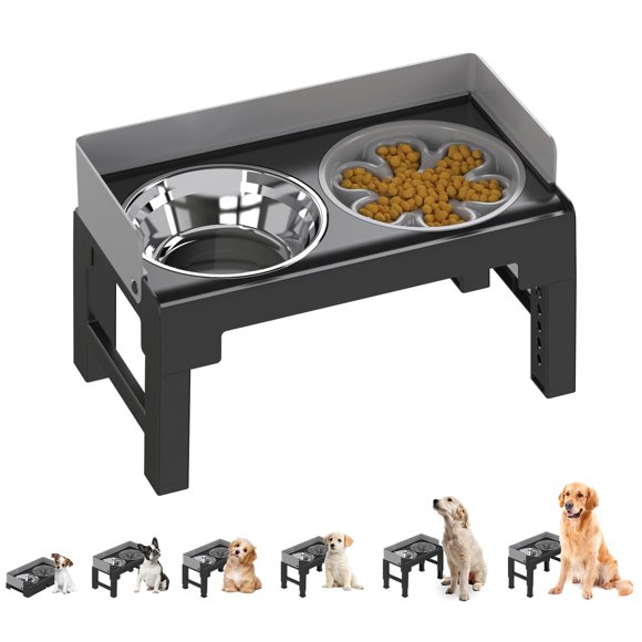 PAKEWAY Elevated Dog Bowls Spill Proof Tiltable Dog Feeder with 1 Stainless Steel Bowl &1 Slow Feeder Bowl 6 Height Adjustable Raised Dog Bowls Stand for Medium Large Dogs