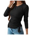 thumbnail image 1 of Pompotops Women's Solid Long Sleeve O-neck Tops Pullover Split Shirt Drawstring Blouse, 1 of 9