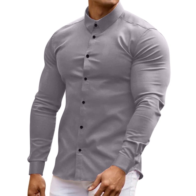 Pompotops Men Casual Solid Turn-down Collar Button Long Sleeve Shirt on Sale