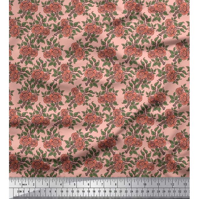 Soimoi Silk Fabric Leaves & Floral Block Fabric Prints by Yard 42 Inch Wide