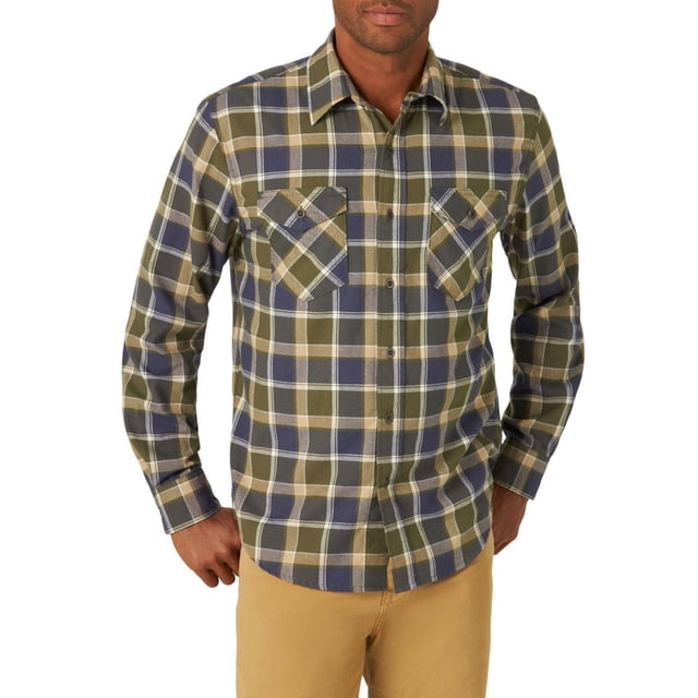 Wrangler Chemise à Manches Longues Haut de Gamme pour Homme, Exposée à l'Avant sur un Modèle Masculin, avec Coupe Régulière, Style Western, Manches Longues, Deux Poches Poitrine Boutonnées et un Ourlet Arrondi. le Motif à Carreaux Comprend Vert olive, Bleu Marine, beige et Blanc avec Tissu Extensible pour le Confort, Souvent Utilisé pour des occasions Décontractées Ou Habillées.