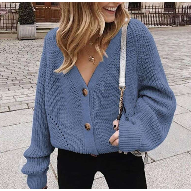 Cardigan Basique à Manches Lanternes en Tricot Boutonné Col en V pour Femmes