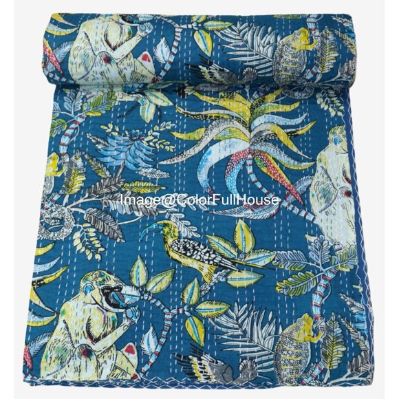 ColorFullHouse Indian Monkey Print Cotton Kantha Quilt Bedspread Single 60" x 90"