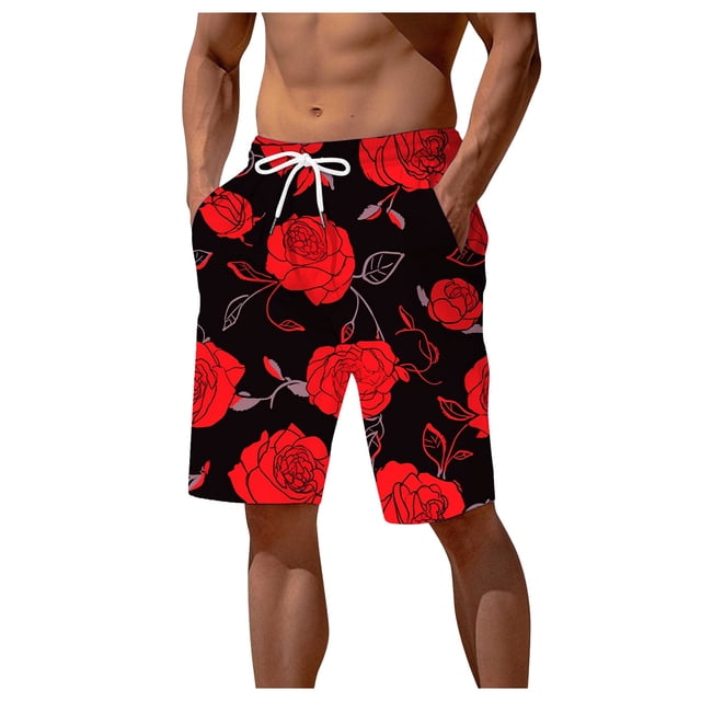 Ketyyh-chn99 Shorts de Basketball pour Hommes Plage Mode Maillots de Bain pour Hommes Shorts de Planche Maillots de Bain en Rouge avec un Motif floral Audacieux. Ces Shorts en polyester Présentent une Taille Élastique avec un Cordon Blanc, Deux Poches Latérales et une Doublure en Maille pour le Confort. Conçus pour les Activités de Plein Air, Ils Sèchent Rapidement et Conviennent au Basketball, à la Natation Ou aux Tenues Décontractées. Montré en Taille M.