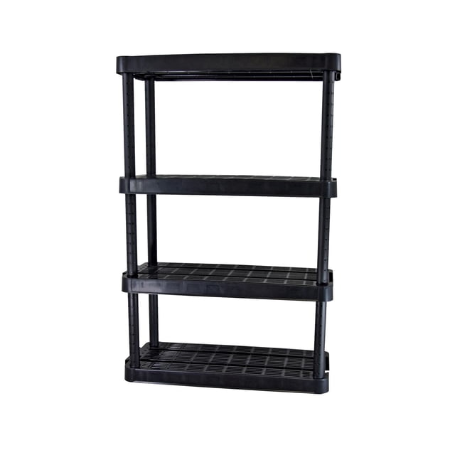 4 Shelf Adjustable, Medium Duty black plastic shelving unit with four ventilated, height-adjustable shelves using slide and lock system, ideal for garage or utility room storage and suitable for organizing cleaning supplies or sports equipment