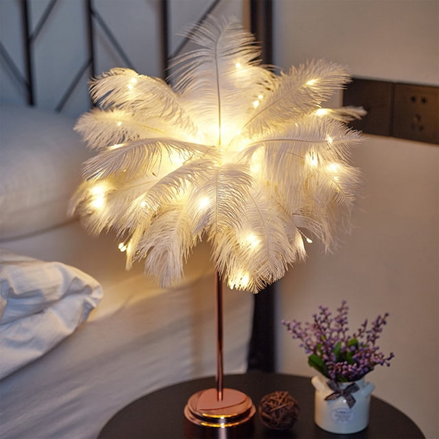 UsRHHA Feather Table Lamp Battery Operated LED, Bedside Night Light for Bedroom Living Room Party Wedding Centerpiece, Decorative Ambient Lamp