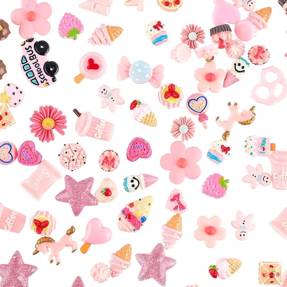 100pcs Pink Resin Slime Charms Mix Candy Cake Resin Cabochons Flatback Embellishments Flower Ornament Beads Making Supplies for DIY Scrapbooking Crafts Cell Phone Case Making