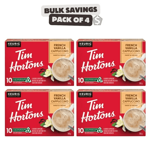Pack of 4 - Tim Hortons French Vanilla Cappuccino Flavoured Coffee, Single Serve Keurig K-Cup Pods, 10 Count