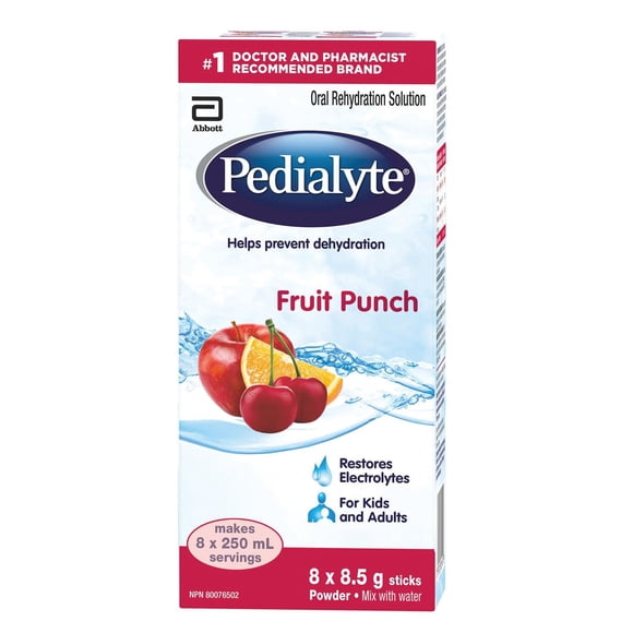 Pedialyte , Bâtonnets de Poudre d'Électrolytes, Solution de Réhydratation Orale, Punch aux Fruits, 8x8.5g Bâtonnets