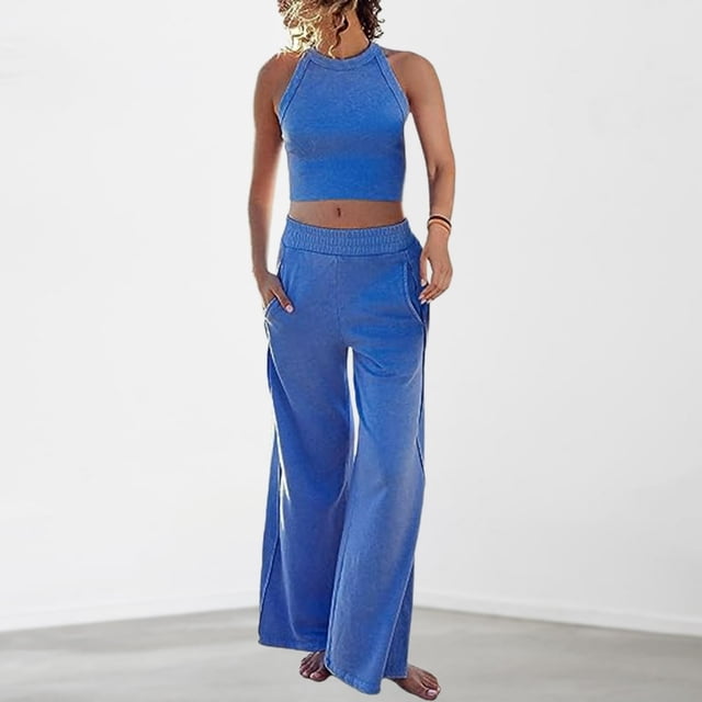Ensemble Pantalon 2 Pcs Décontracté Col Rond Poches Tenue de Vacances (Noir S)