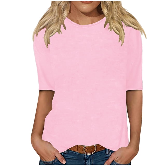 Besolor Hauts pour Femmes Décontractés Chic T-Shirts Basiques Amples Couleur Unie Col Ras du Cou Manches Mi-Longues Tee Mode Tenues d'Été 2024