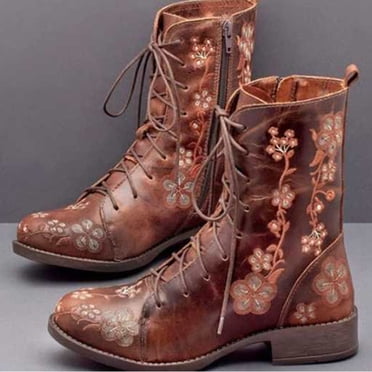 Jusqu'à 50 % de Rabais! Aqestyerly Bottes d'Hiver pour Femmes Bottes Imprimées et Brodées pour Femmes au-Dessus du Pied Bout Rond Bottines Épaisses