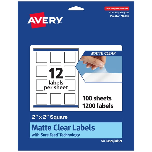 Avery Matte Clear Square Labels with Sure Feed, 2" x 2", 1,200 Matte Clear Labels, Print-to-The-Edge, Laser/Inkjet Printable Labels close-up front-facing sheet of frosted translucent 2 x 2 inch square die-cut labels on white backing; matte finish and translucency that blends into lighter surfaces, print-to-the-edge full-bleed layout and patented Sure Feed printer alignment. Often used for jar, candle, soap, product or craft labels.