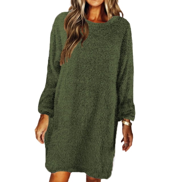 Innerwin Mini Dresses Solid Color Ladies Sweater Dress Winter Crew Neck Loose Pullover Jumper Army Green XL