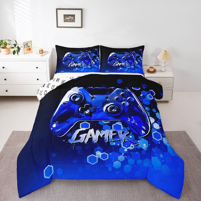 Erosebridal Blue Video Game Bedding King Comforter Set,Geometric Honeycomb Comforter Sets King Size,Gamepad Gamer Bedding Sets King With Comforter,Gradient Room Decorative,Reversible,3 Pieces