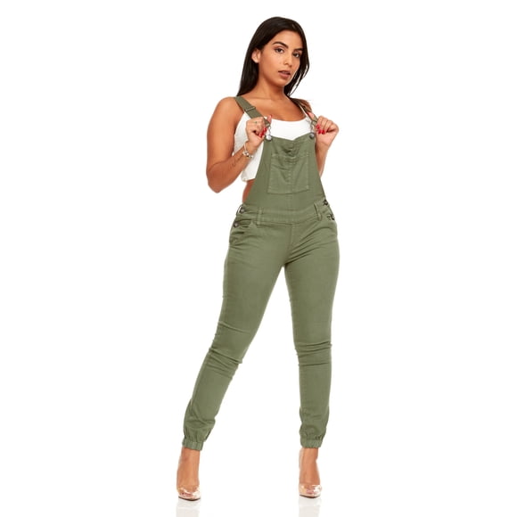 COVERGIRL Women's Denim Overalls Bib Strap Button Skinny Fit, Summer Olive, 1