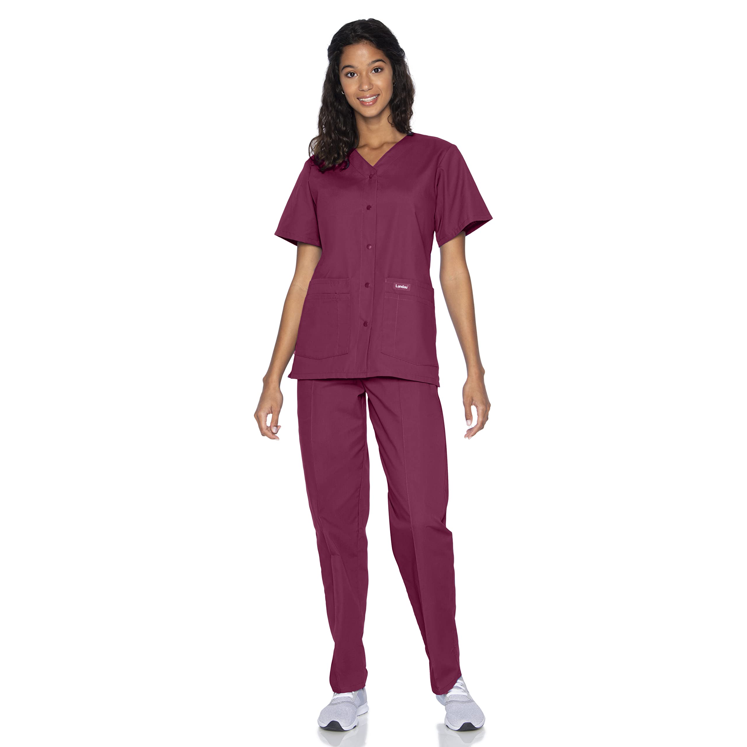Landau Women's Essentials Snap Front Scrub Top, Classic Relaxed Fit, V-Neck, 4 Pockets