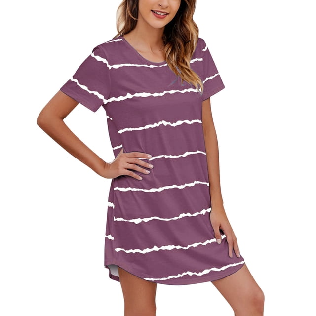 Ketyyh-chn99 Chemise de Nuit Boutonnée pour Femmes, Manches Courtes, à Rayures Imprimées, Col Rond, Mignonne, Robe de Nuit Confortable, Rose Vif, 2TG