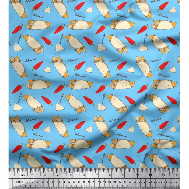 Soimoi Blue Poly Georgette Fabric Red Chilli & Tacos Food Print Sewing Fabric Yard 42 Inch Wide