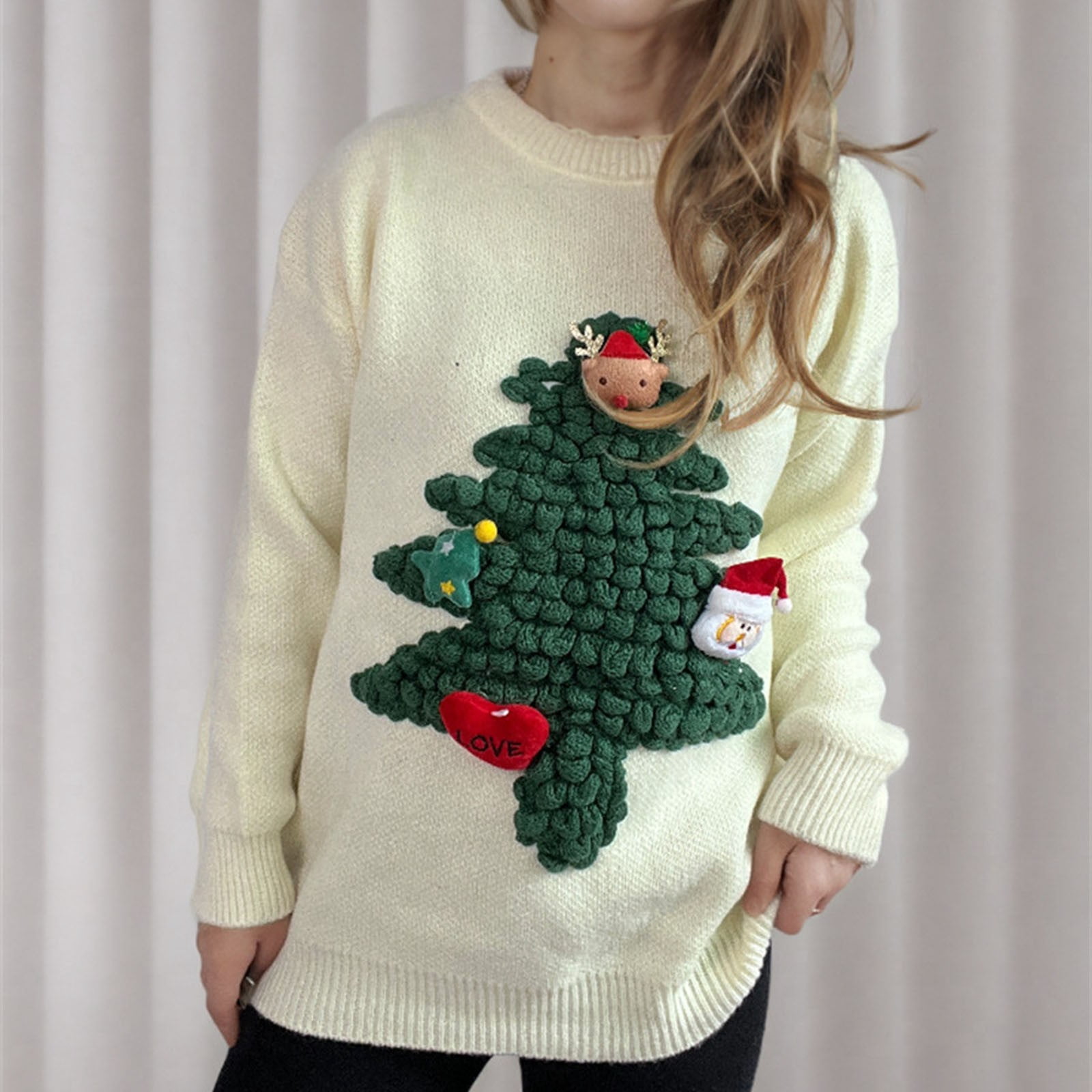 TIMIFIS Christmas Sweater Femmes Graphique Imprimé Manches Longues Col Ras du Cou Chandail Tricoté Léger Automne Chandail Décontracté Chandails des Fêtes