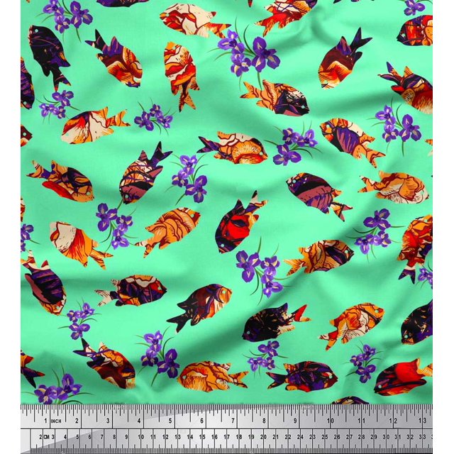 Soimoi Silk Fabric Floral & Textured Fish Ocean Print Sewing Fabric Yard 42 Inch Wide