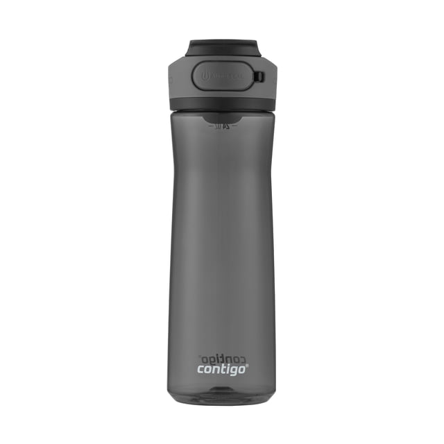 Contigo Cortland 2.0 Water Bottle with AUTOSEAL Lid, 24 oz, grey translucent BPA-free Tritan body with spill-proof push-button lid, integrated carry handle, and dishwasher-safe parts, suitable for easy one-handed use and fits most car cup holders.
