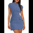 thumbnail image 2 of Robe d'Été pour Femme à Col Montant, Manches Courtes, Mini Robe de Boîte de Nuit, Bleu et Gris, P, 2 of 8