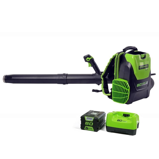 Greenworks PRO 80V Cordless Backpack Blower with black and green casing, padded shoulder straps, and long black blower tube, shown with compatible 80V battery and charger, featuring a brushless motor for efficient cordless electric leaf blowing and debris clearing.