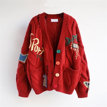 Pitauce Cardigan Surdimensionné pour Femmes, Chandail à Boutons, Manches Longues, Tricot Torsadé, Broderie, Chandails d'Extérieur avec Poches, Taille Unique