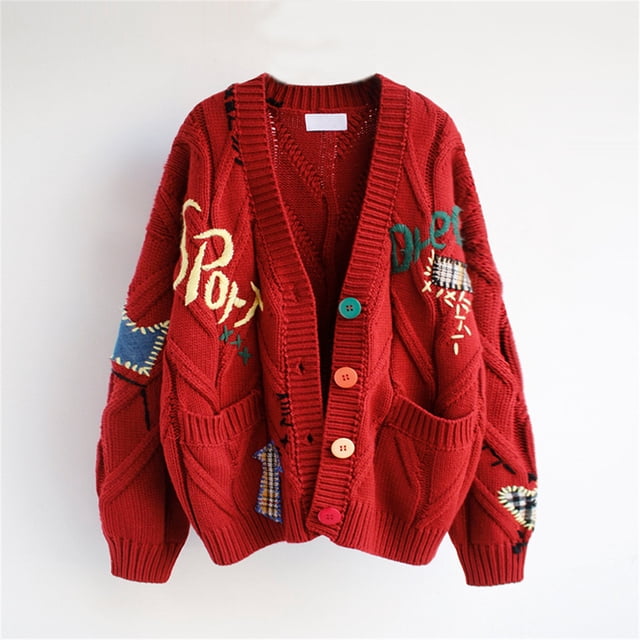 Pitauce Womens Oversized Cardigan Sweater Button Down Long Sleeve Cable Knit Embroidery Sweaters Outwear with Pockets, Free Size. This red cardigan features a chunky cable knit design with colourful embroidery details and rainbow buttons. It has a loose fit, long sleeves, and two front pockets, making it suitable for casual outings or home relaxation. Made from soft and skin-friendly fabric, it offers warmth and comfort for fall and winter seasons.