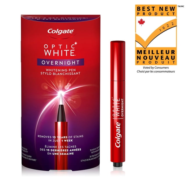 Colgate® Optic White® Overnight Whitening Pen with precision brush tip shown next to its red and purple packaging, highlighting removal of 15 years of stains in 1 week and 35 nightly treatments, featuring bilingual English and French text and a 2022 Best New Product Canadian award badge.