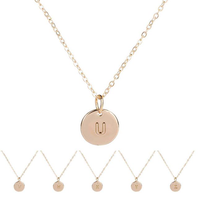 Collier Pendentif Rond en Forme de Pièce Chaîne de Cou Disque Alphabet Chaîne Pendentif Lettre Fille Femme Cadeau Bijoux Femme
